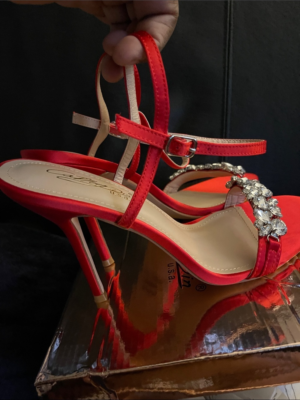 Cathy Din Women’s 4.5” Red Crystal Embellished Ankle Strap Sandals Sz 9 NWB - Picture 10 of 16